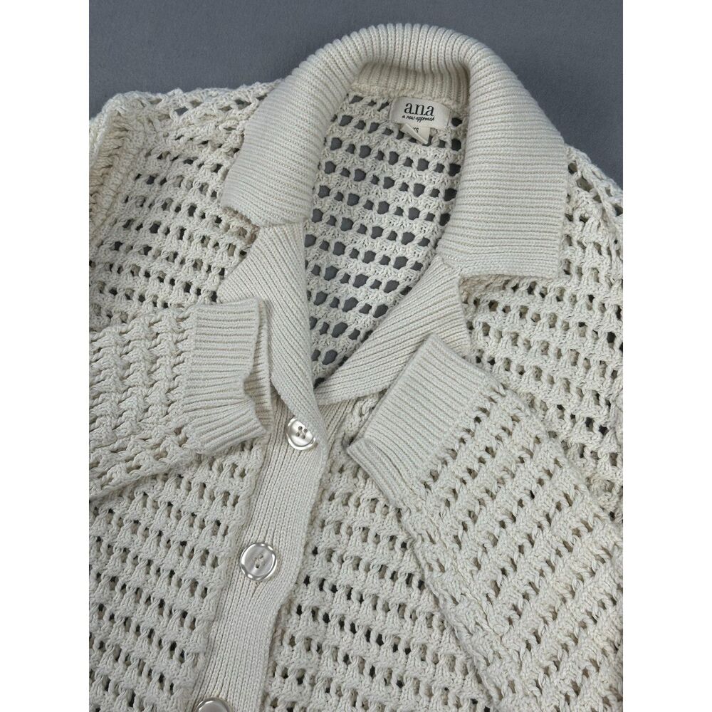 Open Knit Pointelle Collar Cardigan XS Cream Layering Cottagecore Boho Workwear